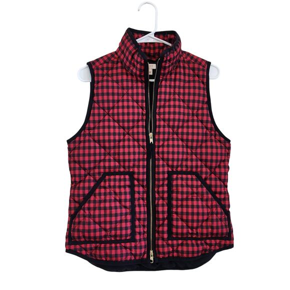 J. Crew Excursion Buffalo Check Red Plaid Down Feather Puffer Vest Size Small - Picture 2 of 7